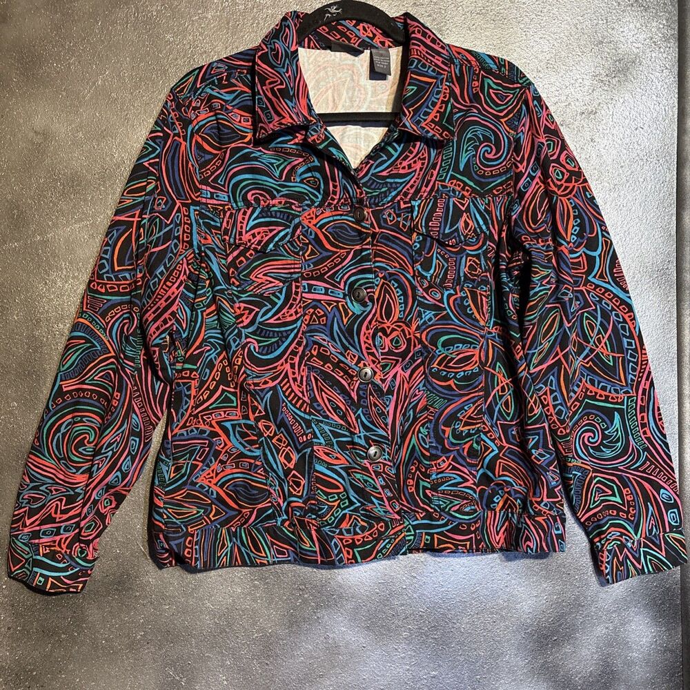 Additions Chicos Vtg Neon Psychedelic Swirl Denim Style Jacket  Sz 2 Art To Wear